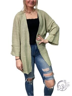 Blu Pepper Light Sage Open-Front Knit Cardigan with Buttons on Back